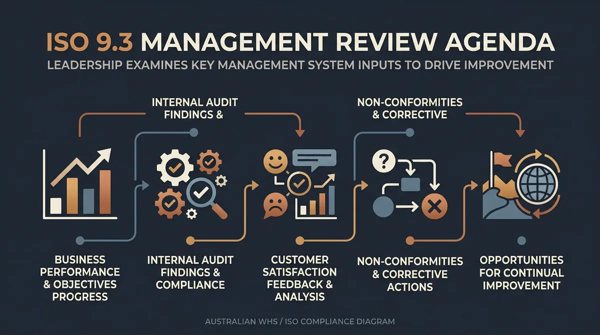 ISO 9.3 Leadership Compliance Explained Diagram illustrating ISO 9.3 compliance requirements for leadership in WHS and management systems.