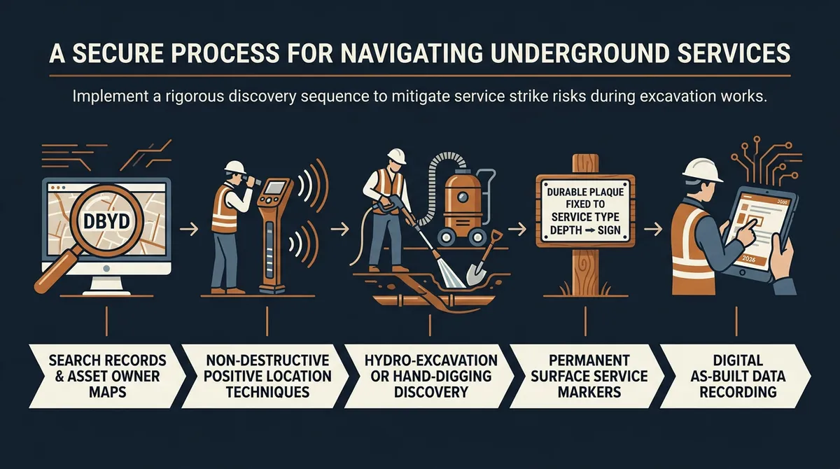 Underground Services: WHS for Civil Projects Diagram showing safe excavation around underground services for civil contractors.