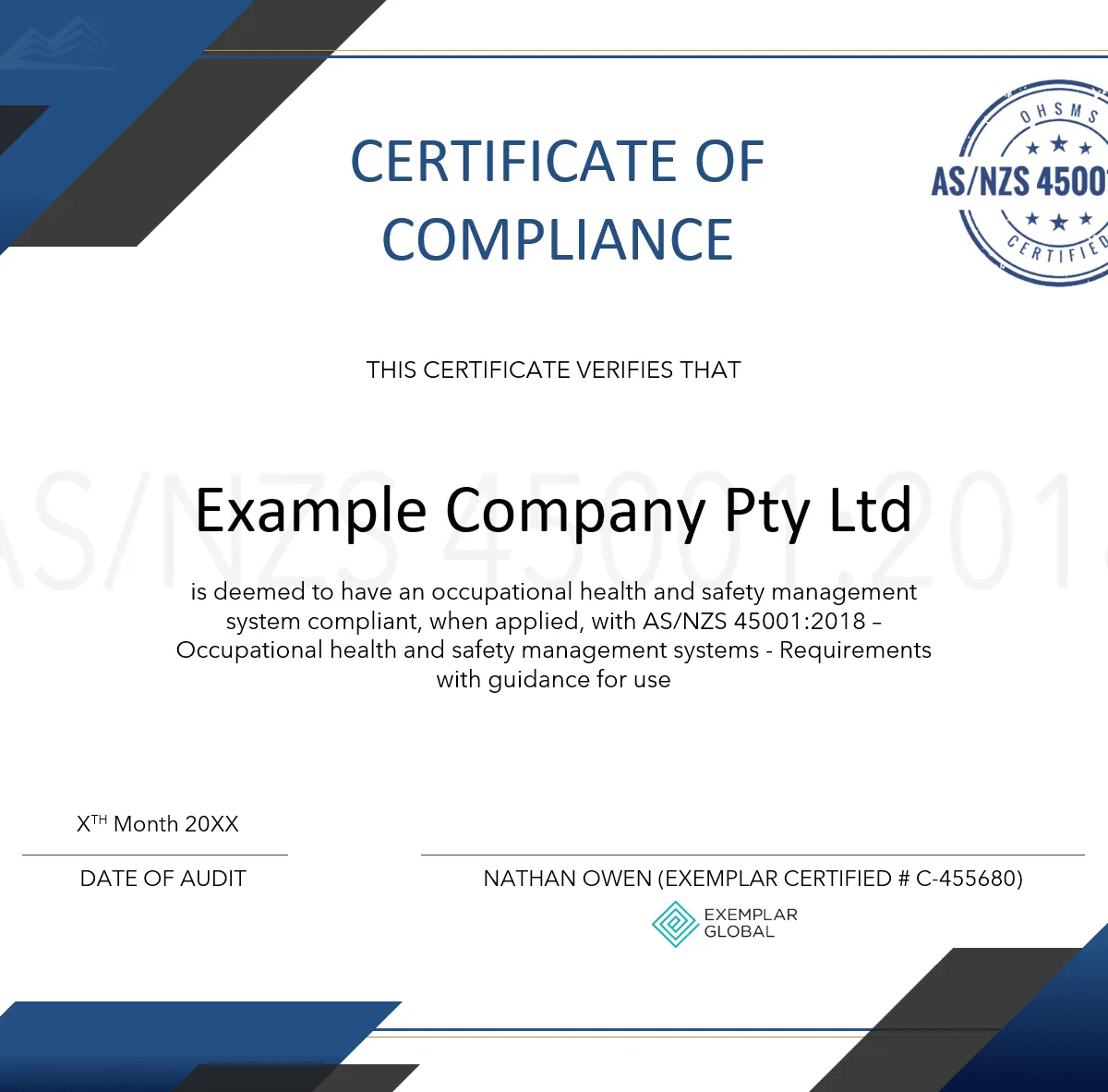 Exemplar Certificate for Asbestos & Demolition Licence