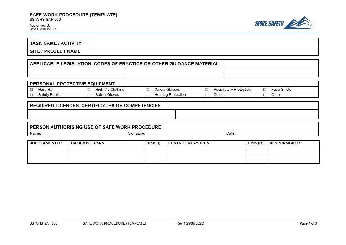 Safe Work Procedure Template