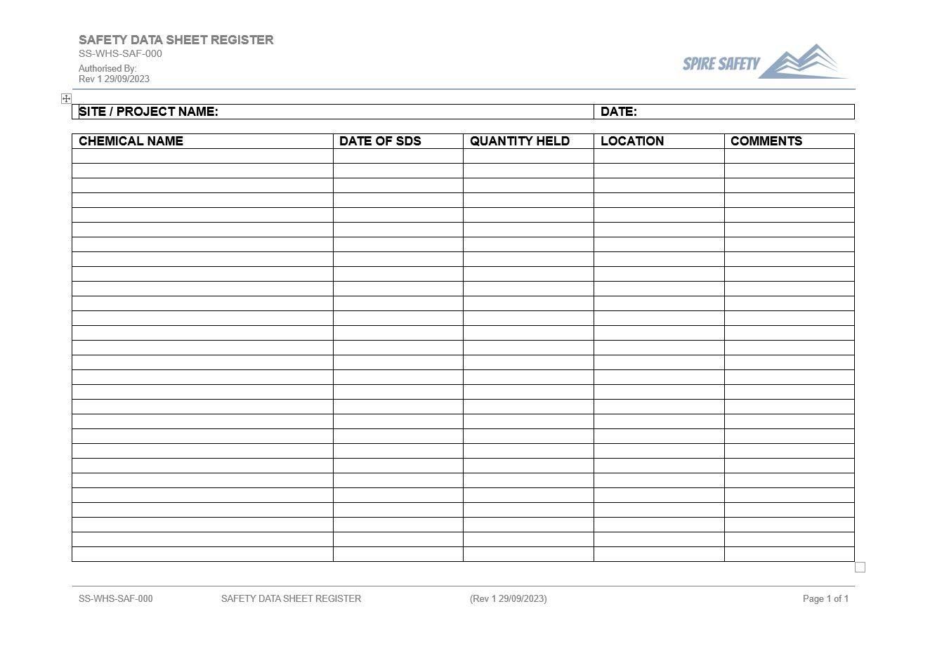 Safety Data Sheet Register Template (Free Word & PDF) | Spire
