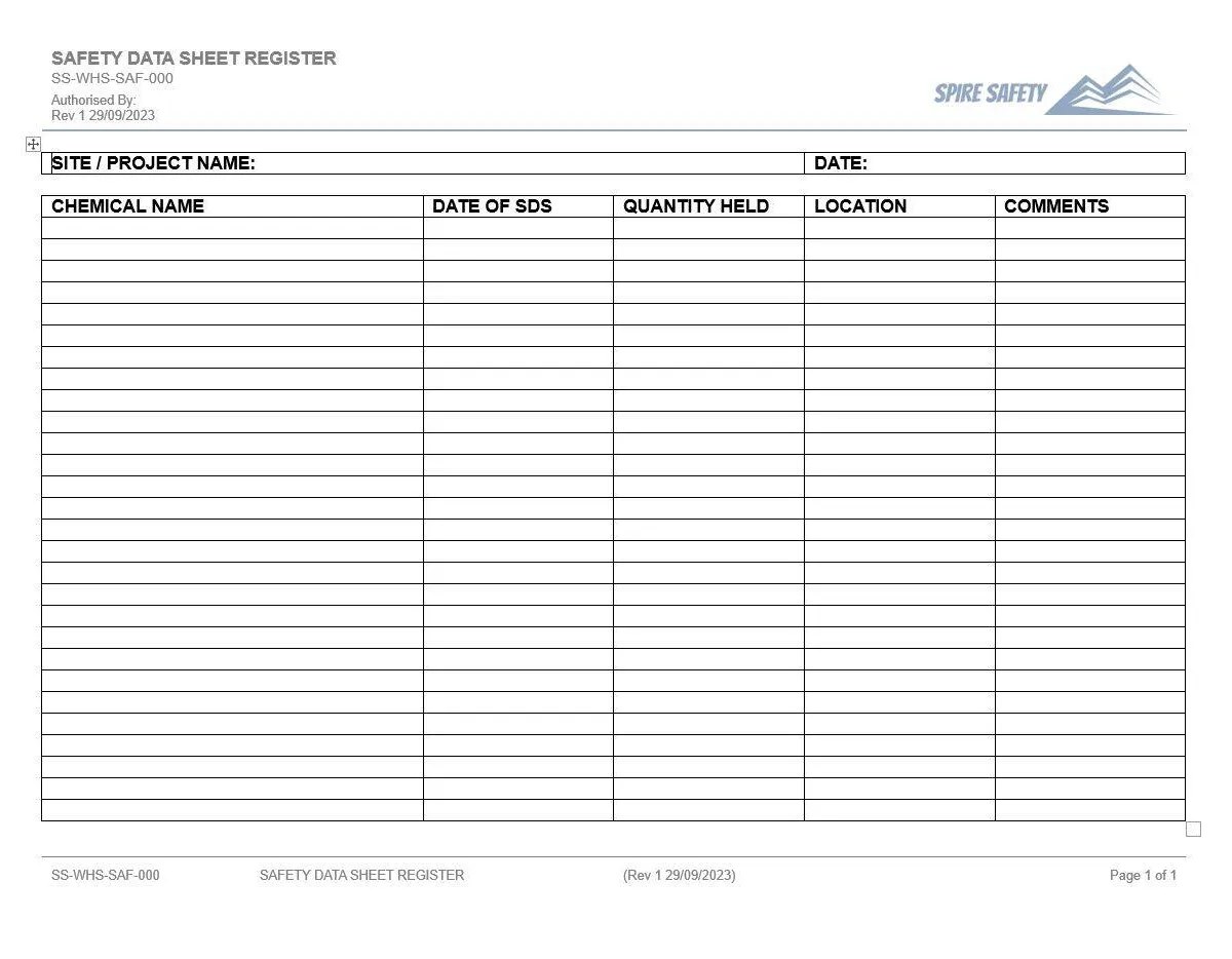 Safety Data Sheet Register Template