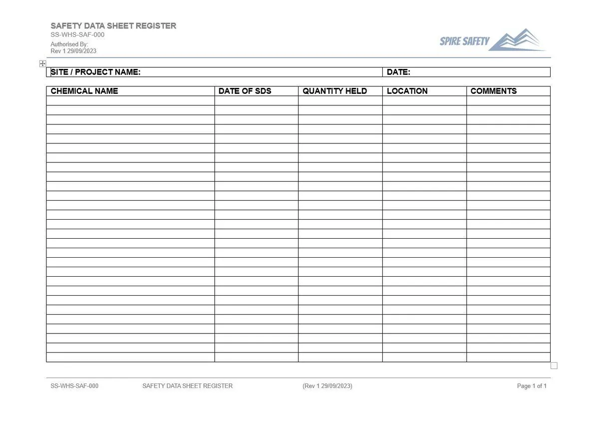 Safety Data Sheet Register Template (Free Word & PDF) | Spire