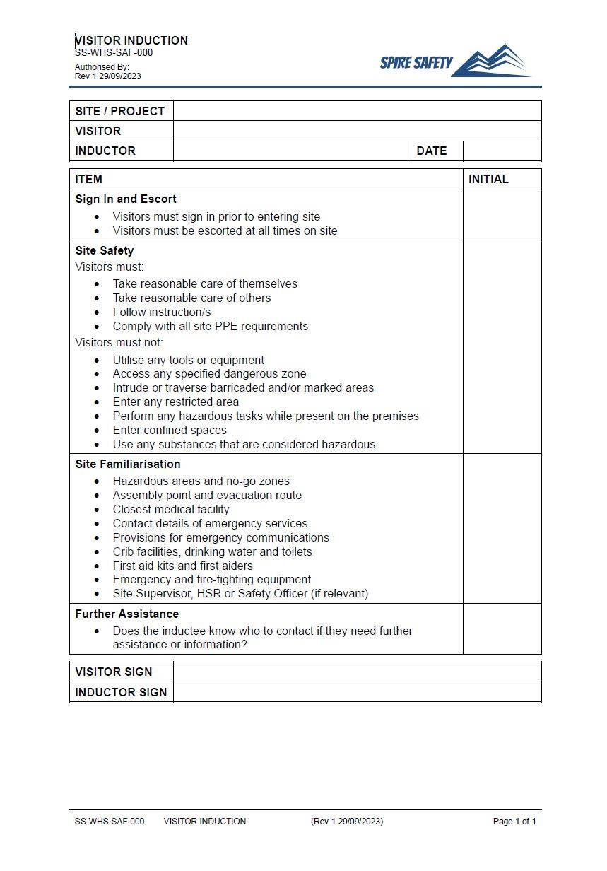 Visitor Induction Template | Spire Safety Consultants