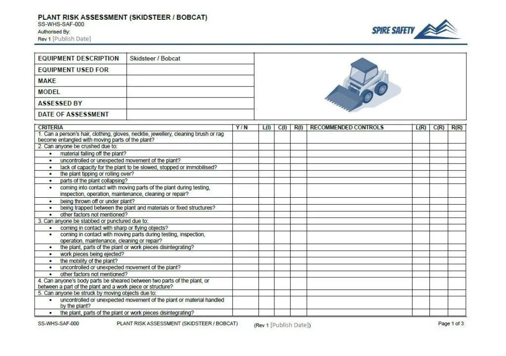 Skidsteer Bobcat Risk Assessment Template