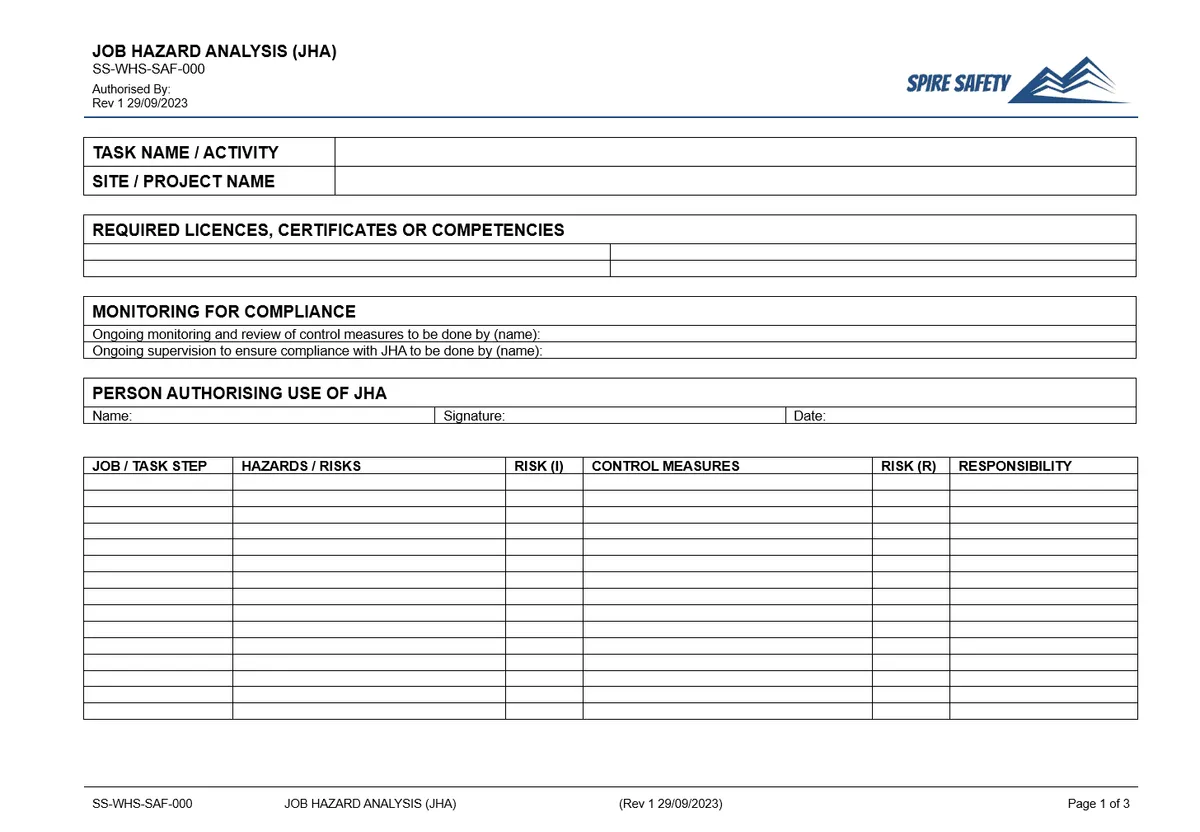 Job Hazard Analysis Template Jha | Spire Safety Consultants
