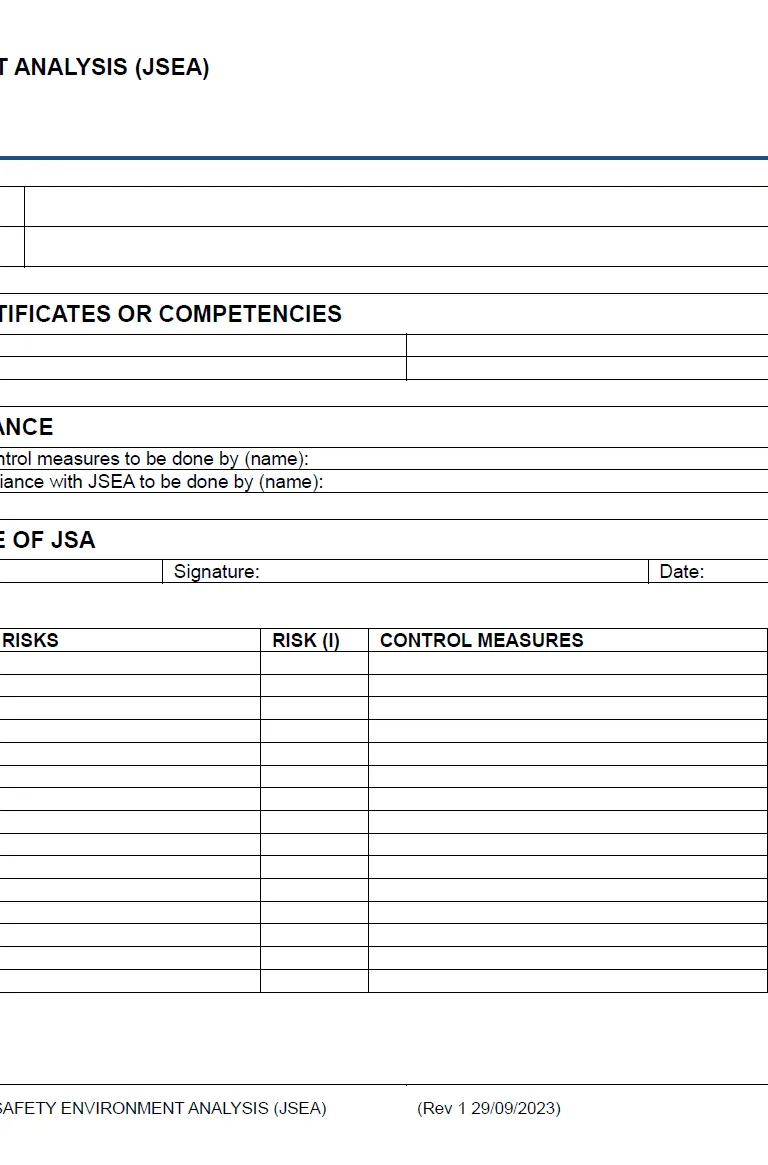 Job Safety Environment Analysis (JSEA) Template Example