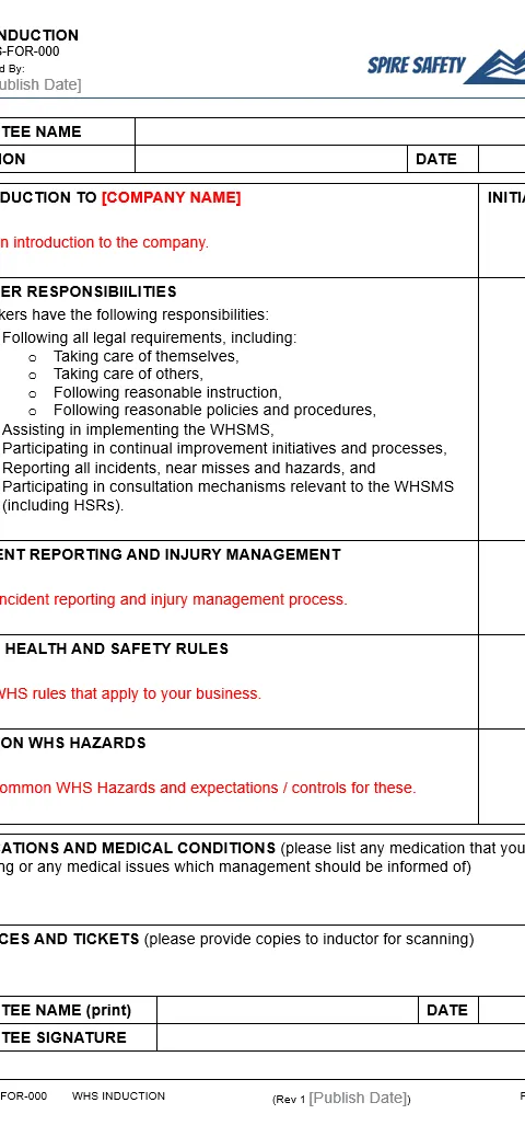 Whs Induction Template | Spire Safety Consultants